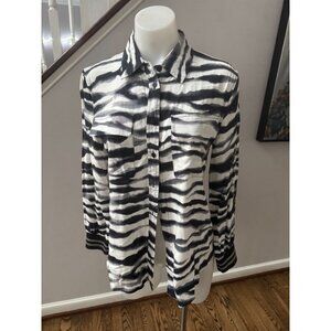 OOLALA Black White Zebra Stripe Button Down Shirt Blouse Size Medium